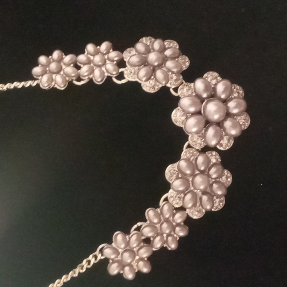 Statement necklace faux blue pearl with lavender stones on a curb chain
